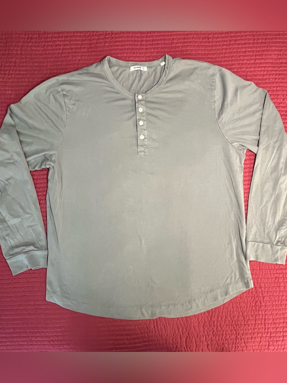 Buck Mason Sage Gray Pima Curved Hem Long Sleeve Henley Shirt XL